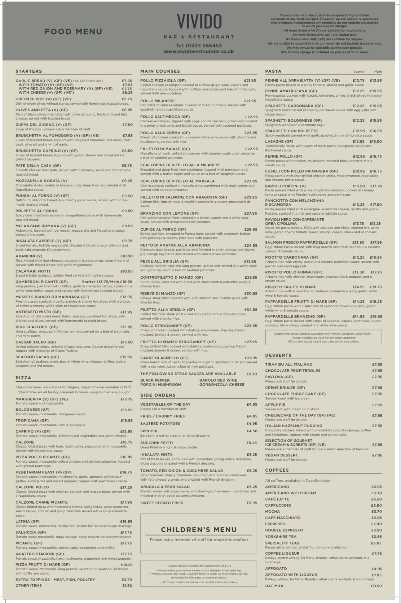 Vivido Food Menu Page 1